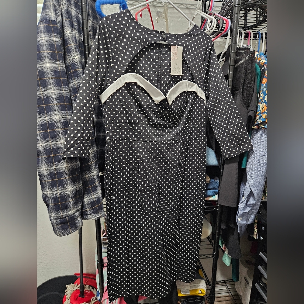 Elever Womens 50s Black Chic Polka Dot 3/4 Sleeve Wear to Work Sheath Dress XL - Picture 5 of 8